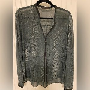 Tahari Long Sleeve Sheer Blouse. Snakeskin  Print. Black & Gray Button Down Top